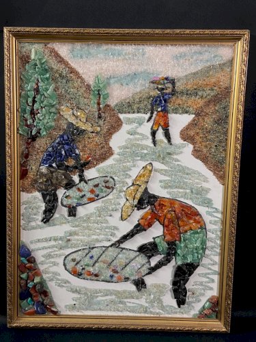 Tableau chercheurs d'or constitué de pierres semi-précieuses Citrine cornaline..