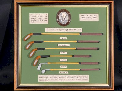 Memorial plaque golf clubs used by William Park Senior Open 1860