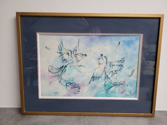 TABLEAU DESSIN AQUARELLE BATAILLE DE COQS REF JEREM