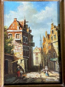 Flemish School painting animated view of a Dutch city signed J. Hausman