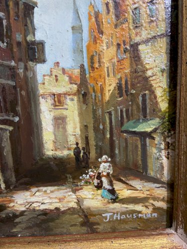 Tableau Ecole flamande vue animée d'une ville hollandaise signée J. Hausman