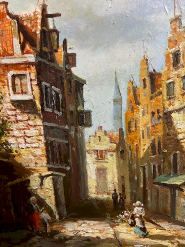 Tableau Ecole flamande vue animée d'une ville hollandaise signée J. Hausman