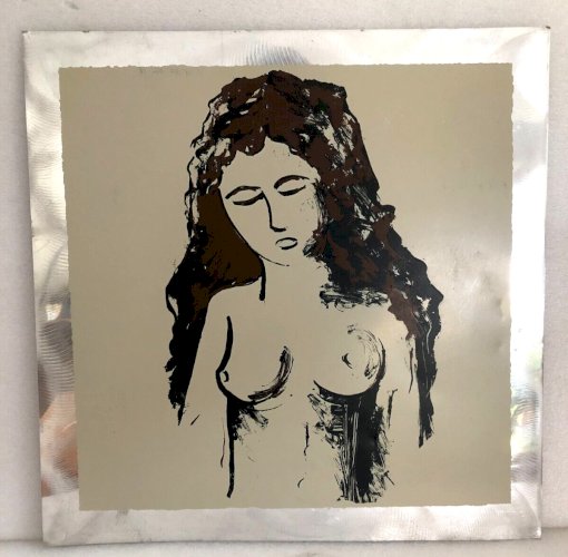 tableau femme sur plaque d'aluminium métal brut vintage 60 s modernism