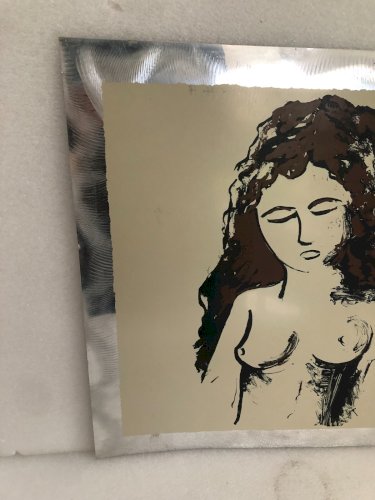 tableau femme sur plaque d'aluminium métal brut vintage 60 s modernism