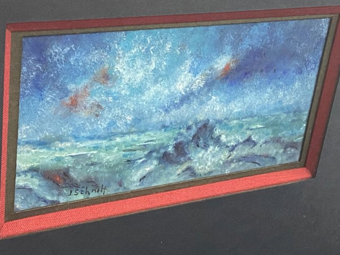 Tableau gouache Marine à la mer par tempête signée Schmitt