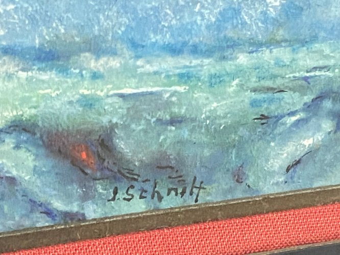 Tableau gouache Marine à la mer par tempête signée Schmitt