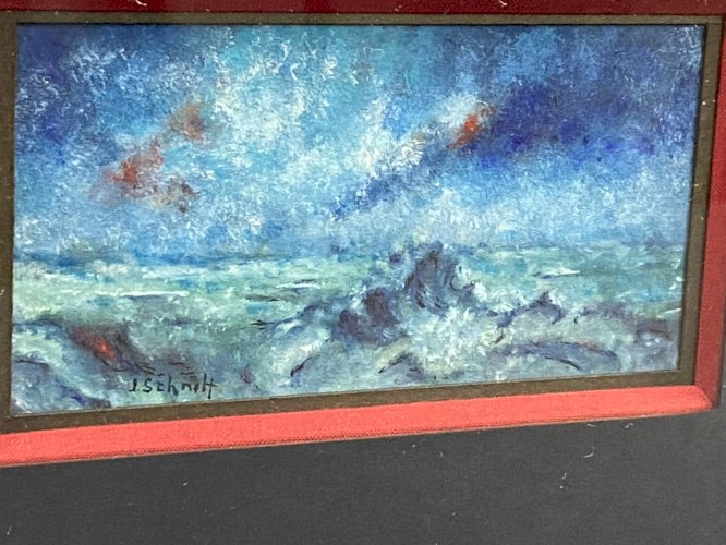Tableau gouache Marine à la mer par tempête signée Schmitt