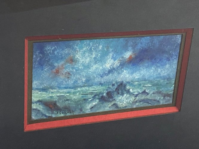 Tableau gouache Marine à la mer par tempête signée Schmitt