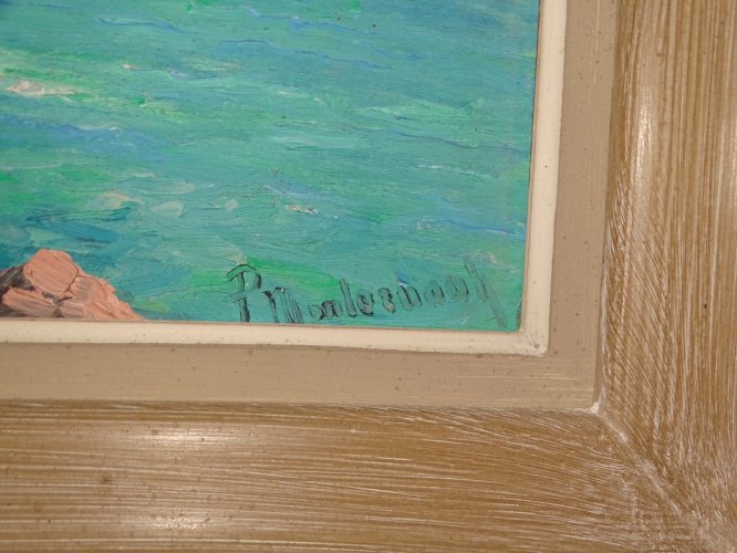 -TABLEAU HSP PAYSAGE SCENE MARINE BORD DE MER Signature à identifier cadre bois