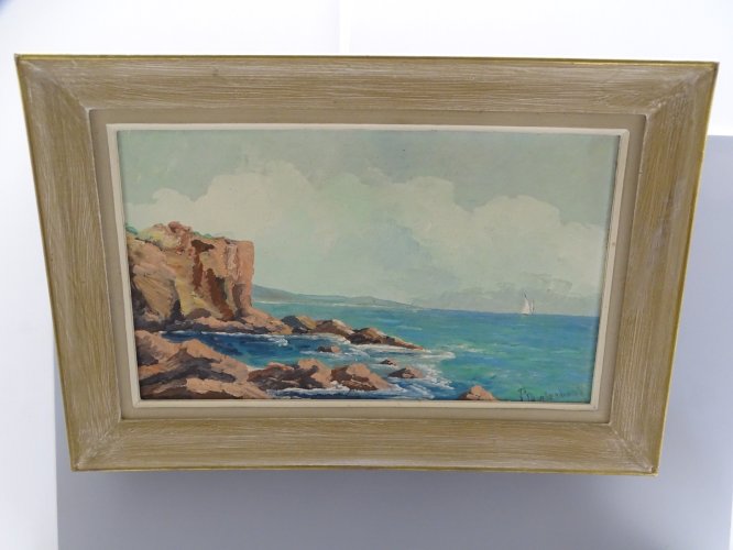 -TABLEAU HSP PAYSAGE SCENE MARINE BORD DE MER Signature à identifier cadre bois