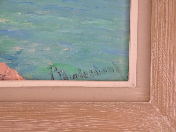 -TABLEAU HSP PAYSAGE SCENE MARINE BORD DE MER Signature à identifier cadre bois