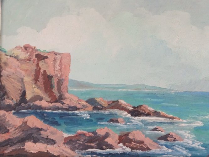 -TABLEAU HSP PAYSAGE SCENE MARINE BORD DE MER Signature à identifier cadre bois