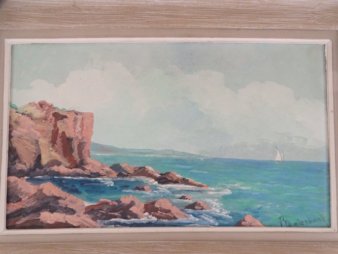 -TABLEAU HSP PAYSAGE SCENE MARINE BORD DE MER Signature à identifier cadre bois