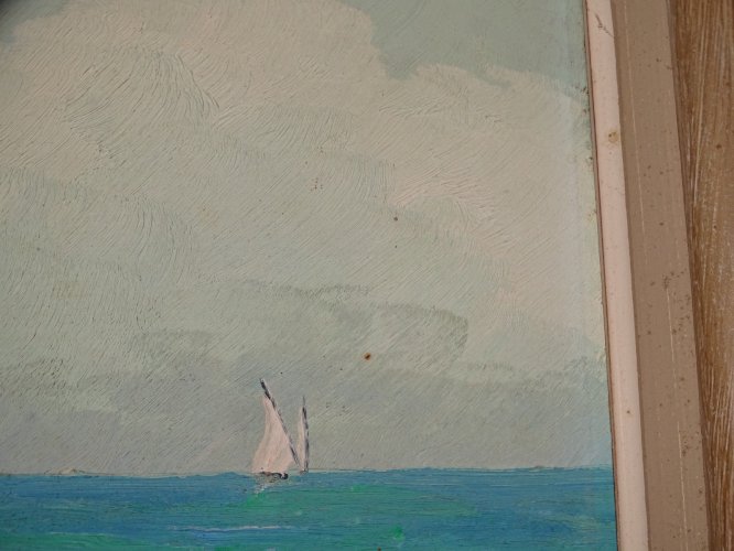 -TABLEAU HSP PAYSAGE SCENE MARINE BORD DE MER Signature à identifier cadre bois