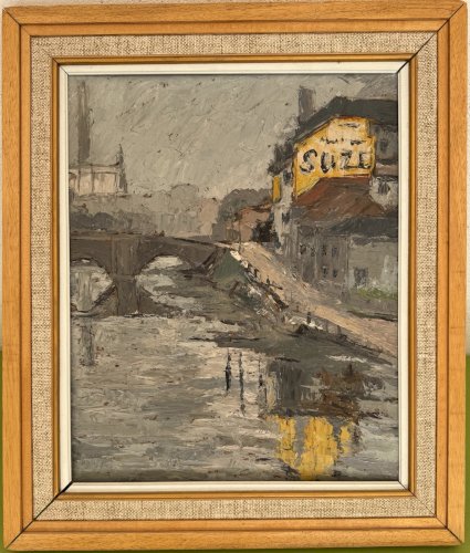 Tableau Huile Sur Carton 1954 Pont St Étienne Limoges Signée Paysage Vintage