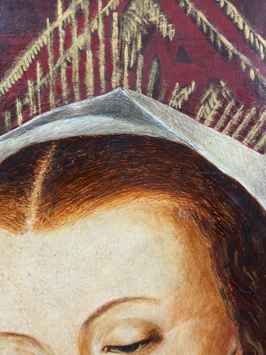Tableau huile sur panneau portrait de la Sainte Vierge en prière