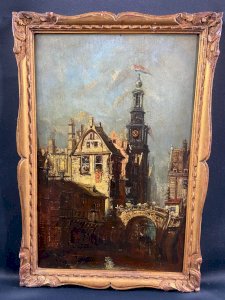 19th century oil on panel painting depicting a lively view of a Dutch city.