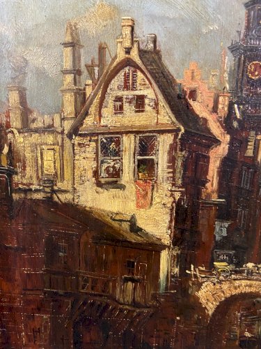 Tableau huile sur panneau XIXe représentant vue animée d'une ville hollandaise