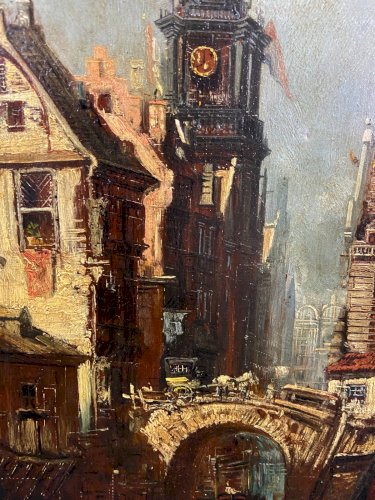 Tableau huile sur panneau XIXe représentant vue animée d'une ville hollandaise