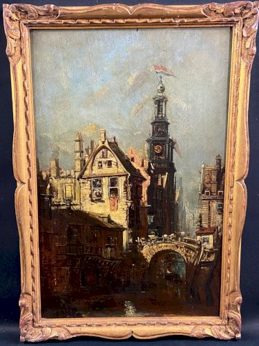 Tableau huile sur panneau XIXe représentant vue animée d'une ville hollandaise