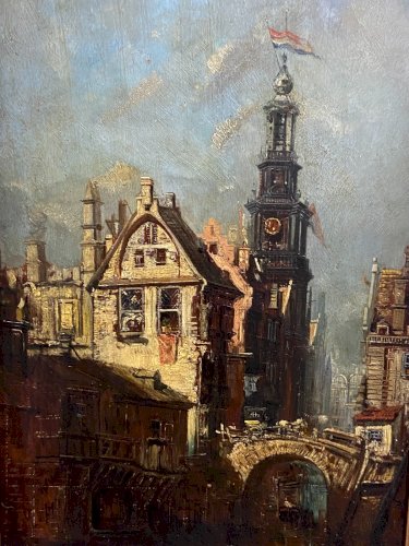 Tableau huile sur panneau XIXe représentant vue animée d'une ville hollandaise