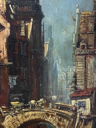 Tableau huile sur panneau XIXe représentant vue animée d'une ville hollandaise