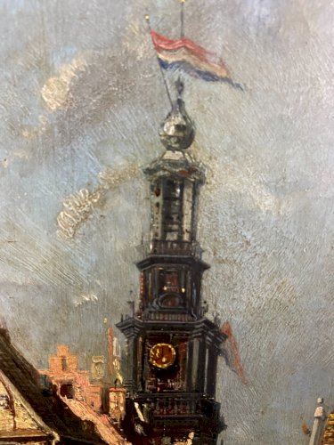 Tableau huile sur panneau XIXe représentant vue animée d'une ville hollandaise