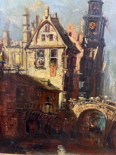 Tableau huile sur panneau XIXe représentant vue animée d'une ville hollandaise