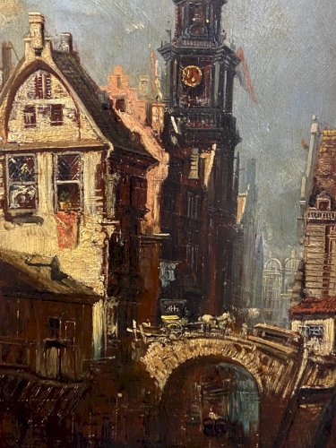 Tableau huile sur panneau XIXe représentant vue animée d'une ville hollandaise