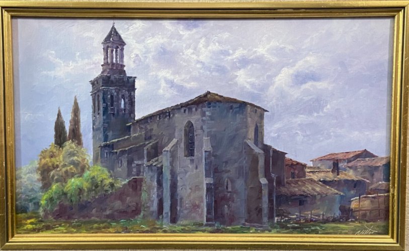 Tableau huile sur toile Ecole Espagnole Nestor Eglise de Riudellots de la Selva