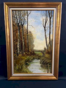 Tableau huile sur toile XIXe paysage animé à la rivière signé Hemery