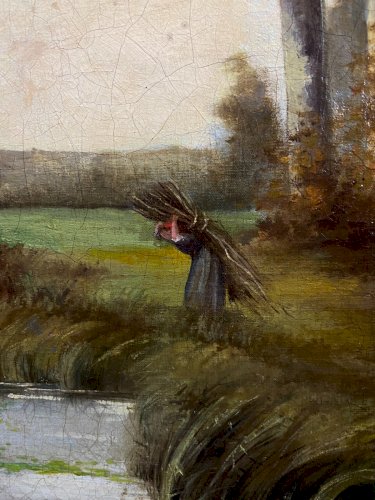 Tableau huile sur toile XIXe paysage animé à la rivière signé Hemery