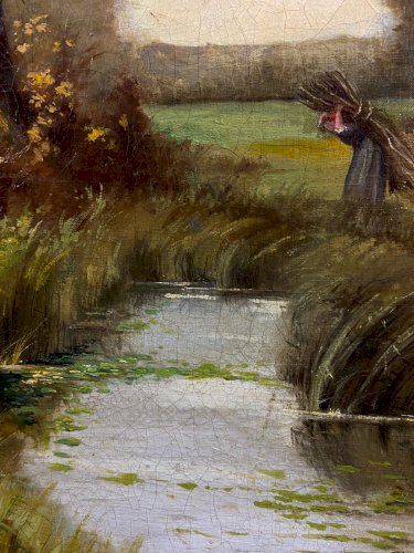 Tableau huile sur toile XIXe paysage animé à la rivière signé Hemery