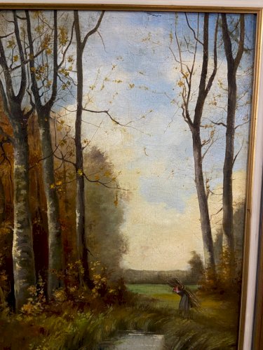 Tableau huile sur toile XIXe paysage animé à la rivière signé Hemery