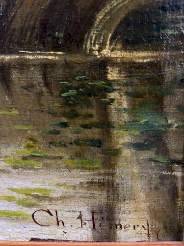 Tableau huile sur toile XIXe paysage animé à la rivière signé Hemery