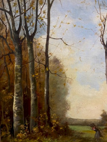 Tableau huile sur toile XIXe paysage animé à la rivière signé Hemery