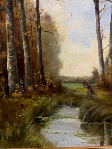 Tableau huile sur toile XIXe paysage animé à la rivière signé Hemery