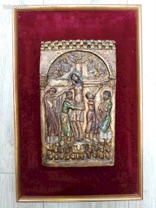 Table religious icon frame wood with fabric background in good condition