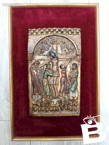 Tableau icone religieux cadre bois avec fond en tissu en bon etat