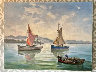 Tableau - Marine : retour de pêche -  signature à identifier