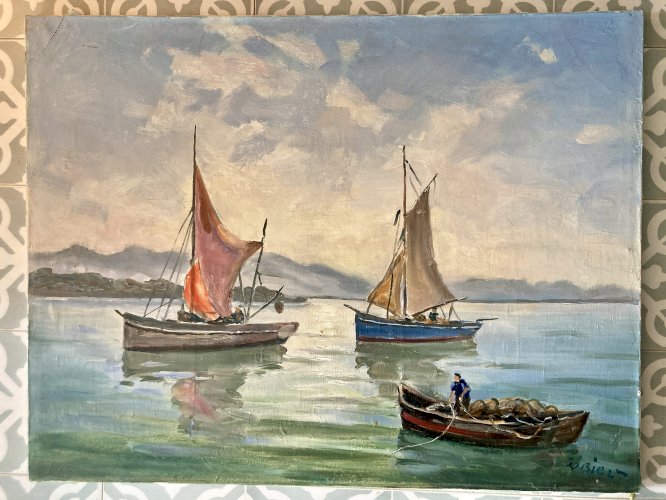 Tableau - Marine : retour de pêche -  signature à identifier