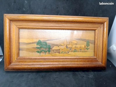 Wood marquetry picture with mountain landscape decor in good condition.