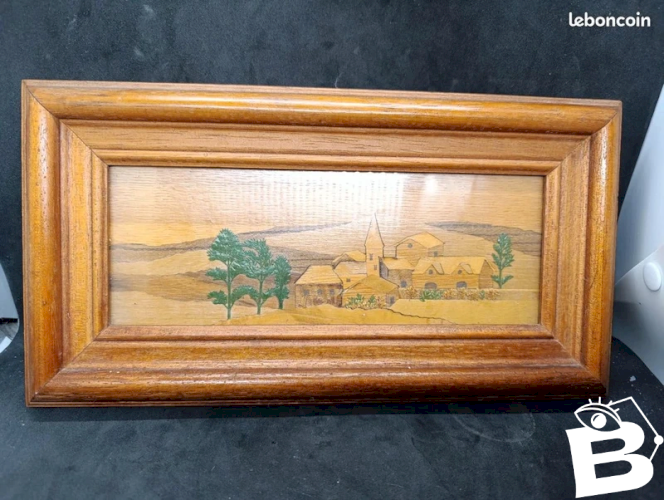 Tableau marqueterie sur bois a decor de paysage montagneux en bon etat