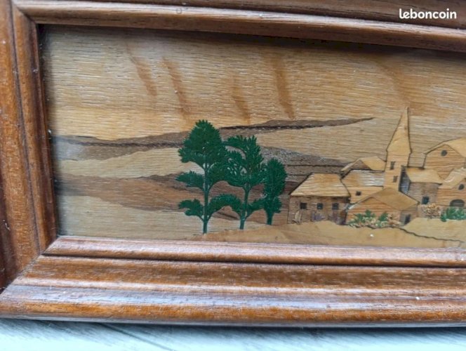 Tableau marqueterie sur bois a decor de paysage montagneux en bon etat