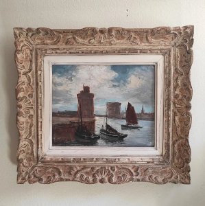 Mid-20th century painting, entrance to the port of La Rochelle, signed Jacques Deschamps