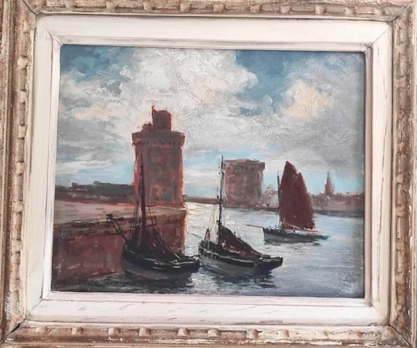 Tableau milieu du XX ème, entrée du port de La Rochelle, signé Jacques Deschamps