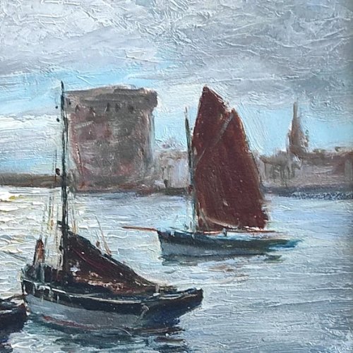 Tableau milieu du XX ème, entrée du port de La Rochelle, signé Jacques Deschamps