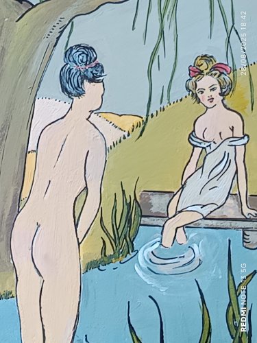 tableau naïf les baigneuses signé Françoise Lombard 2013