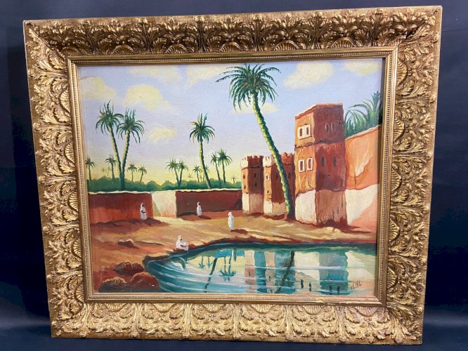 Tableau orientaliste représentant une vue animée d'une oasis palmiers Sud Maroc