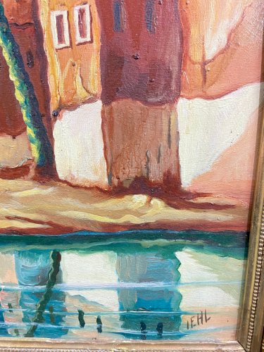 Tableau orientaliste représentant une vue animée d'une oasis palmiers Sud Maroc